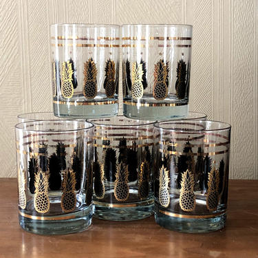 Vintage Mid Century Signed Morgan Rocks Glasses Set of 8 22k Gold Pineapples 