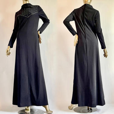 Black Maxi Dress Long Sleeves 1960's with Rhinestones 