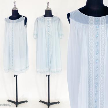 1960s Blue Peignoir Set | 60s Blue Nylon Nightgown & Robe Set | Shadowline | Large 