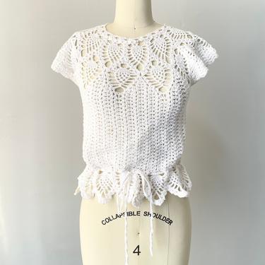 1970s Crochet Blouse Semi Sheer Cotton Top S 