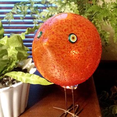 1960s ORANGE PULCINO BIRD No2 Blown Glass Alessandro Pianon Valeria Vistosi Textured Murano Glass Applied Eyes Copper Feet Italy Ex Cond 