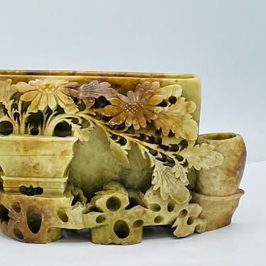 Wonderful Antique Asian  soapstone Ink Brush Pot Bud Vase Floral Carvings- 5&amp;quot; X 3&amp;quot; X 1.5&amp;quot; 