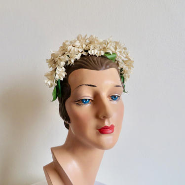 Vintage 1950's Ivory Creme Floral Headpiece Headband 50's Bridal Wedding Hair Accessories Spring Flowers Saks Fifth Avenue 