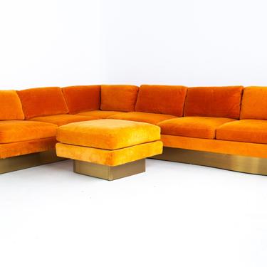 Milo Baughman Style Forecast Furniture Mid Century Orange Velvet and Bronze Pedestal Sectional Sofa and Ottoman - mcm 