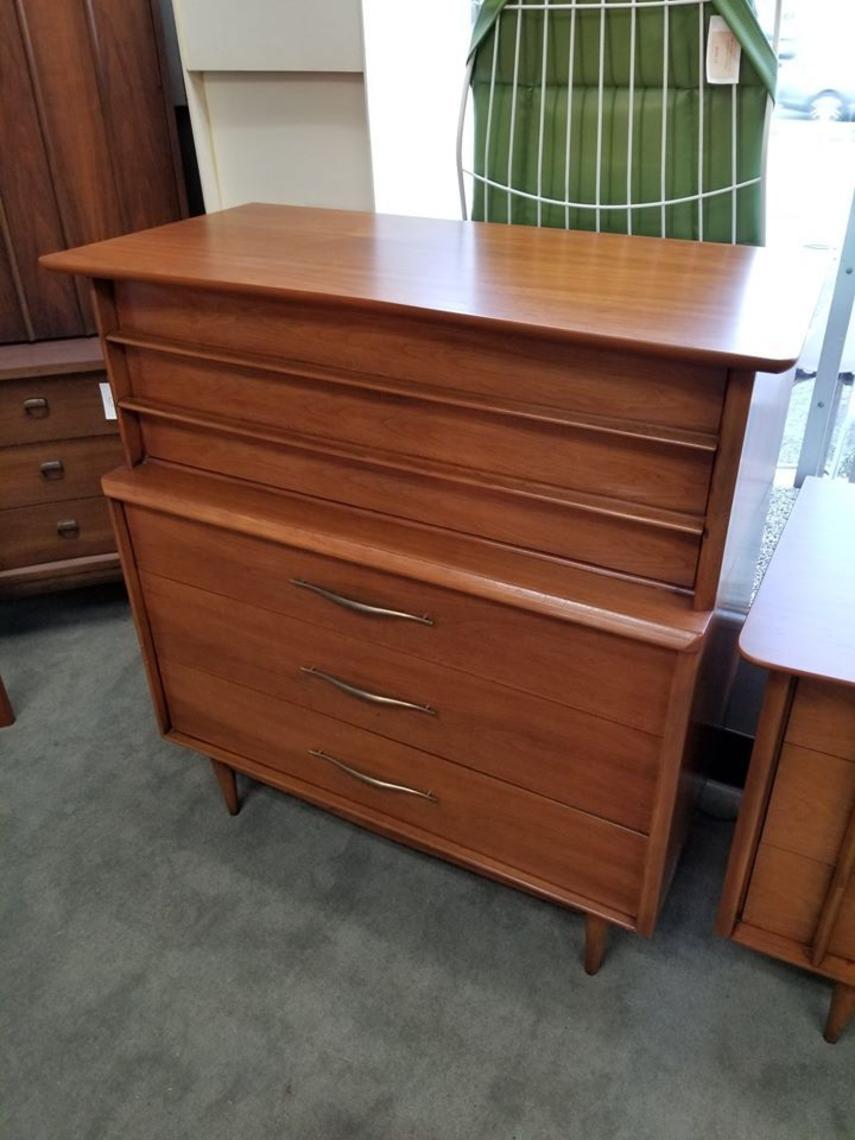 Midcentury Modern walnut highboy dresser with bowed front Peg Leg