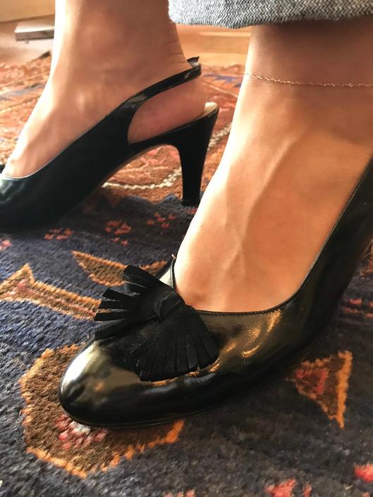 Vintage Ferragamo pumps |Size 9 Regular | Beautiful Black patent leather heels | sling | black suede fringe| dainty gold by HattiesVintagePDX from Vintage Clothing of Portland, OR | ATTIC