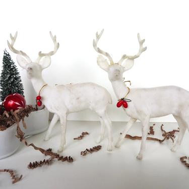 Vintage White Flocked Plastic Deer Set, Mid Century Chirstimas Decor, Set Of 2 Large Felted Deer With Antler Figurines 