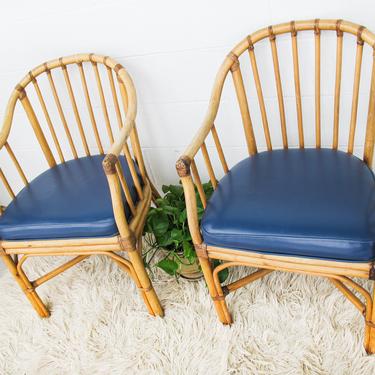 Set of 2 - Vintage Woven Bamboo Chairs with Blue Faux Leather Removable Seat Cushions 