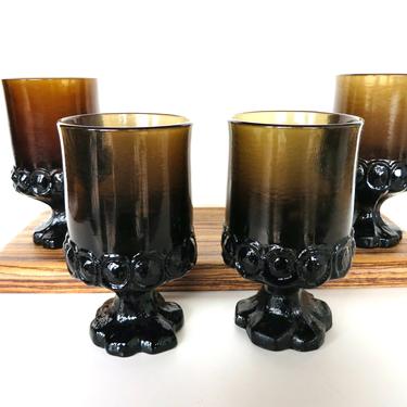 Set Of 4 Vintage Tiffin Franciscan Madeira Smokey Brown Wine Goblets, 1970s Heavy Glass Jewel Tone Goblets 
