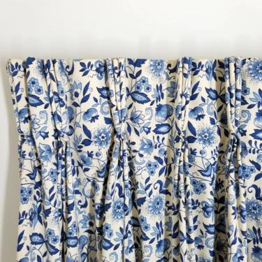 Vintage Blue Danube Drapes / Pinch Pleat Blue Onion Curtain / Blue Jacobean Floral Drapes / Cottagecore Kitchen Bay Window Curtain Panel Set 