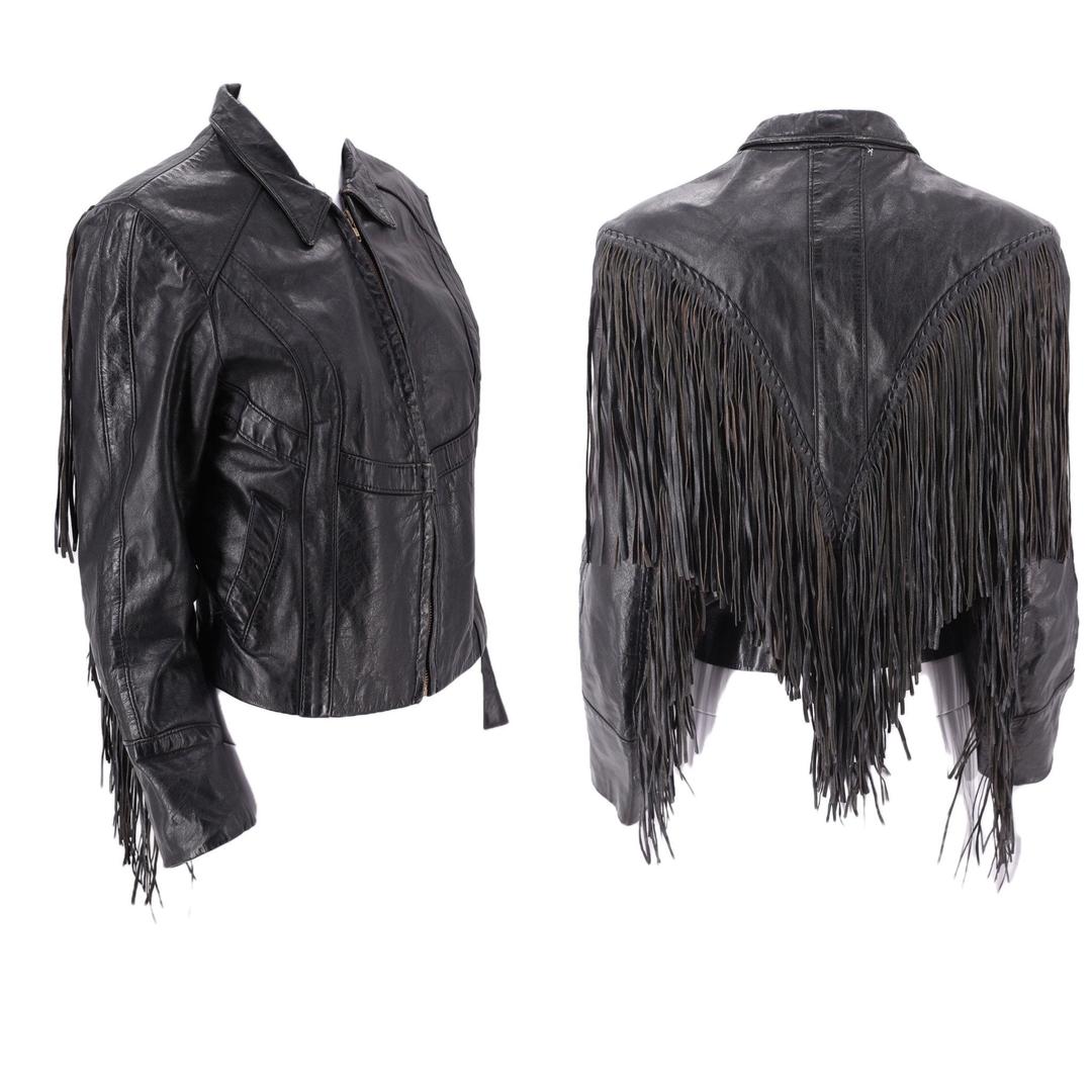 70s MARQUIS black leather fringe biker jacket S / vintage fine Ritual