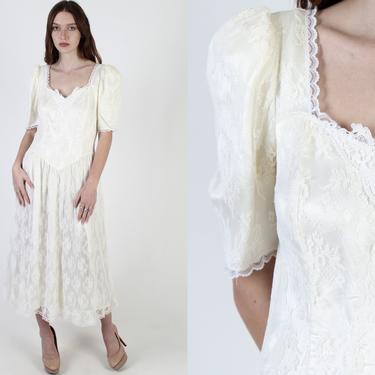 Vintage 80s Gunne Sax Dress Ivory Lace Floral Satin Bridal Deco Open Back Maxi Dress 