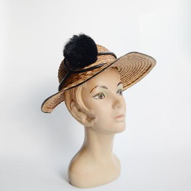 1940s/1950s Straw Sunhat with Pom Pom 