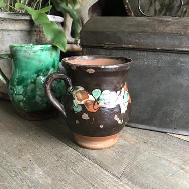 Antique Pottery Jug, Pitcher, Vase, Folk Art, Rustic Terra Cotta, Hand Thrown, Hand Painted, 19th C, Rustic Farmhouse, Farm Table 