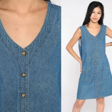 Denim Mini Dress Jean Dress Overall Dress 90s Vintage Button Up Sleeveless Blue MiniDress Jumper Pinafore Dress Large L 
