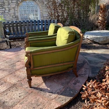 Pair of Mid-Century Hollywood Regency Style Green Silk Upholstered Arm Chairs, Custom Made by Thomasville 