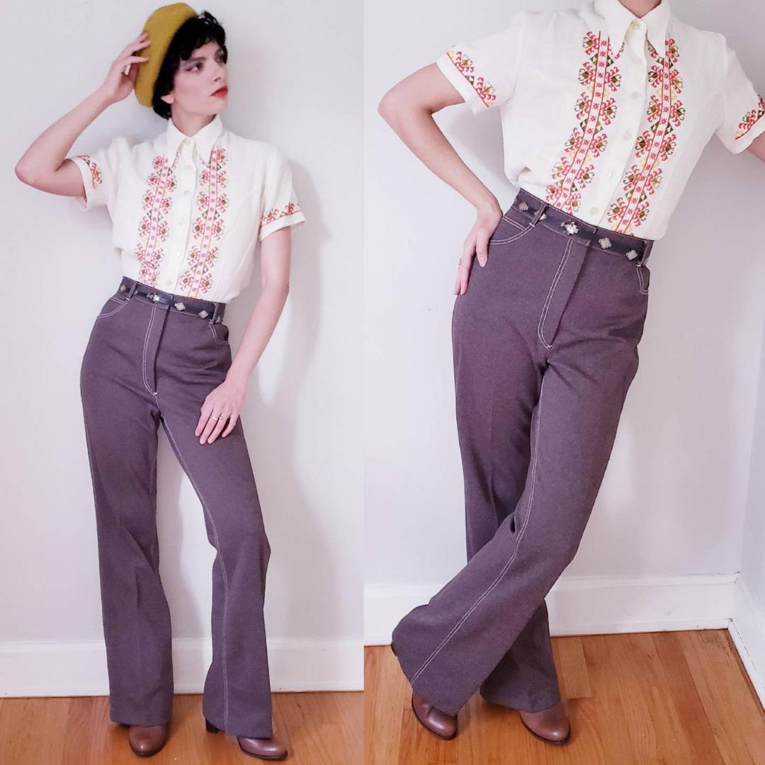 1970s Ladies Pants Brown High Waisted Flares / 70s Sears