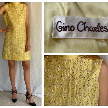 1960s Gino Charles Beaded Dress / Modern Mini Dress / Cut in Sleeve Details / Crystal Clear Beads and Sequins / Yellow Cocktail Go Go Dress 