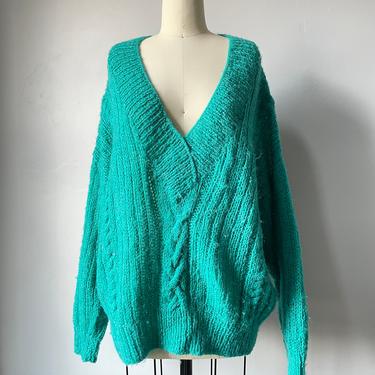 1960s Sweater Teal Wool Mohair Chunky Oversized M 
