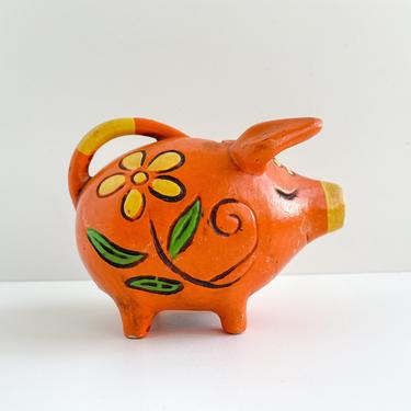 Vintage Chalkware Piggy Bank, Orange Pig Figurine with Flower, Boho Hippie Girls Room Decor 