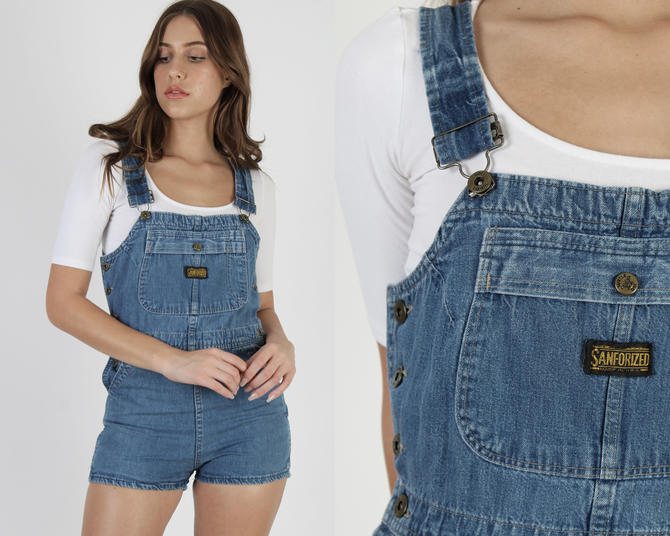 Vintage 70s Denim Romper / Cross Back Blue Jean outlet Playsuit / Overalls Mini Shorts Romper / Bib Bodice Carpenter Playsuit