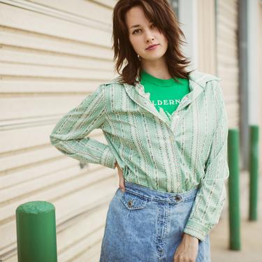 70s Shirt Vintage Retro Polyester Long Sleeve Floral Green Top Long Sleeve Womens Tie Up Top 