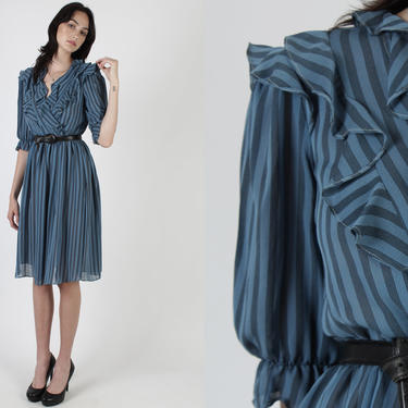 Black Striped Wrap Dress / Vintage 70s Blue Pinstriped Ruffle Dress / 1970s Sheer Deep V Office Wear To Work Mini Dress 
