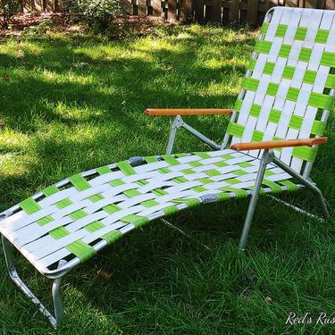 Vintage Green and Cream Webbed and Aluminum Folding Garden/Lawn Lounge Chair with Wood Arms 