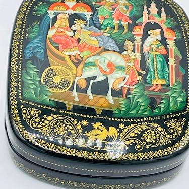 Lovely Russian Black Lacquer Hand Painted Palekh Trinket Box-Signed and Dated-Russian Troyka 
