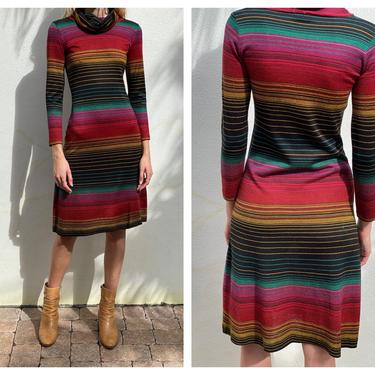 1970s Sweater Dress / Rainbow Turtleneck Cowl Neck Secretary Dress / Workwear / Work Dress / Sexy 70's Sweater Dress / Body Con 