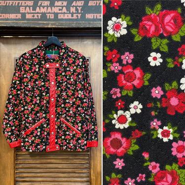 Vintage 1960’s Floral Quilted Black Background Mod Jacket, 60’s Jacket, 60’s Mod Style, 60’s Era Style, 60’s Floral Print, Vintage Clothing 