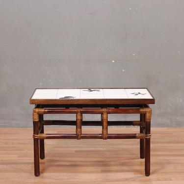 Compact Japanese Rattan &amp; Tile Coffee Table