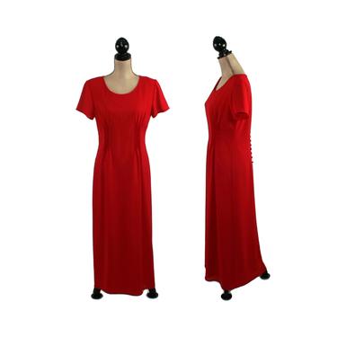 Long Red Formal Dress, Maxi Short Sleeve, Modest Cocktail Evening, Mother of the Bride, 90s Vintage Clothing Women Medium, Positive Attitude 