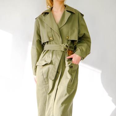 Vintage 80s TOGETHER! Olive Green Cotton Twill & Tan Leather Overcoat w/ Brass Buttons | Cargo Military Style | 1980s Designer Boho Jacket 