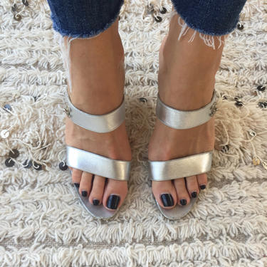 Vintage CHANEL CC Turnlock Metallic Silver Leather Mules Slides