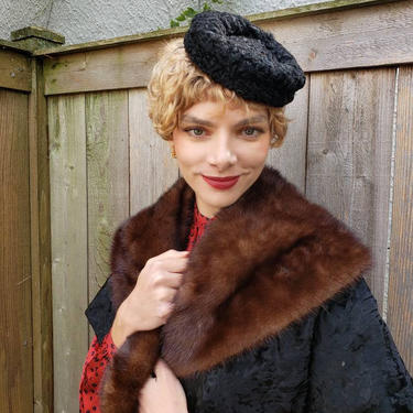 1960s Pillbox Hat Black Curly Lambs Wool / 60s | RareJule  display picture 1