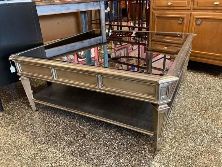 Large mirror topped glammy coffee table.  45” x 45” x 19”