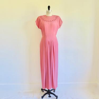 Vintage 1940's Pink Rayon Long Formal Dress Cut Out Bodice Fabric Floral Trim Spring Summer Bridal Wedding Party Du Barry 31&quot; Waist Medium 