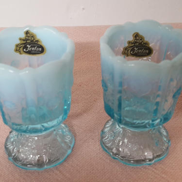 Vintage Pair of Fenton Glass Blue Opalescent Paneled Daisy Toothpick Holders 