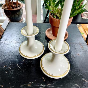Vintage White and Gold Porcelain Taper Candle Candlestick Holders - Fitz n Floyd, Hollywood Regency, Mid Century Modern, 1970, Wedding 