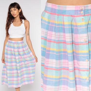 Plaid Midi Skirt 80s Summer Skirt Button Up Checkered Skirt Pink Blue Boho Print HIGH WAISTED 1980s Long Vintage Eddie Bauer Small S 