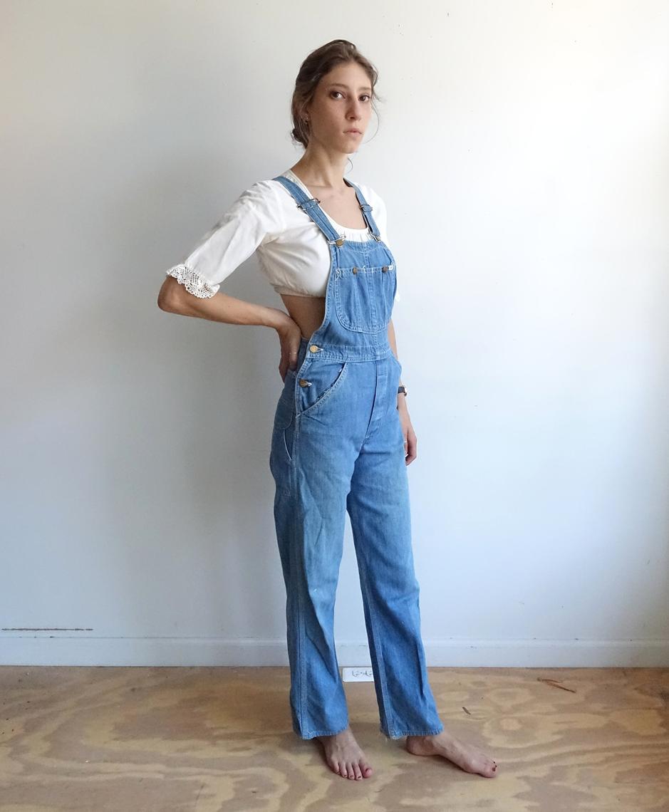 Vintage 70s Lee Denim Overalls/ 1970s Light Wash Bib Overalls