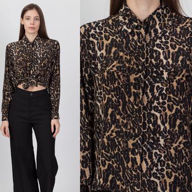 90s Silk Leopard Print Blouse - Small | Vintage Long Sleeve Collared Button Up Top 
