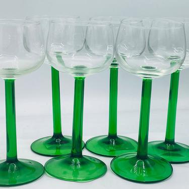 Lovely Vintage (6) Cristal D’Arques Durand Luminarc Green Stem Rhine Wine Glasses Arcoroc France 5 ounce 
