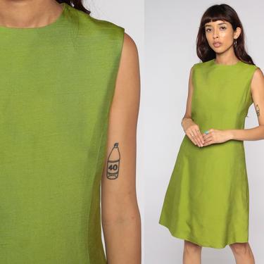 60s Mod Mini Dress Pea Green Dress 60s Party Shift Sleeveless Dress 1960s Gogo Vintage Sixties Twiggy Plain Minidress Small S 