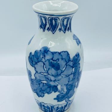 Vintage Blue and White Porcelain Bud Vase with Pretty Floral Butterfly Design- 6" tall- 