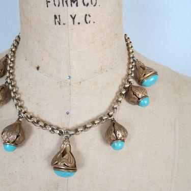 Vintage 1930s necklace, brass and glass stones, bib necklace 