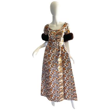 60s Metallic Gold Dress / Vintage Brocade Fur Evening Gown / 1960s Mod Geometric Dress Medium 