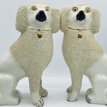 Antique Pair of Large English Staffordshire Poodle Spaniel White Dogs-Curl Confetti textured hair.  11&quot; Nice Condition 