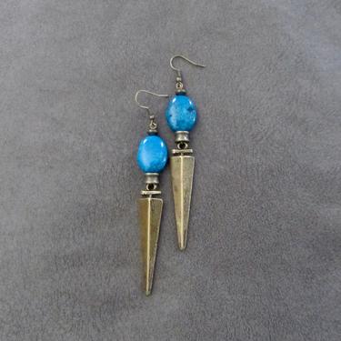 Long bronze rustic dangle earrings, southwest earrings, tribal earrings, boho bohemian earrings, artisan earrings, blue marble howlite 2 